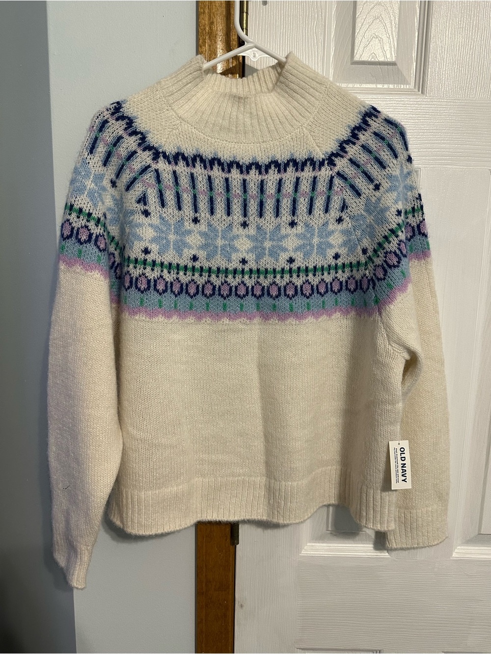 Old Navy Cream Fair Isle Mock Neck Sweater with Blue & Purple Accents